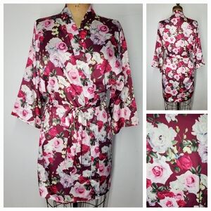 Flora Nikrooz Size M/L Robe Satin Rose Floral Pink Burgundy 3/4 Sleeve Tie Belt